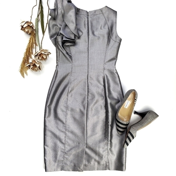 Calvin Klein Silver Grey Ruffle Shoulder Dress 2 - Picture 2 of 14
